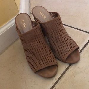 Tan Aldo wedged open toe booties